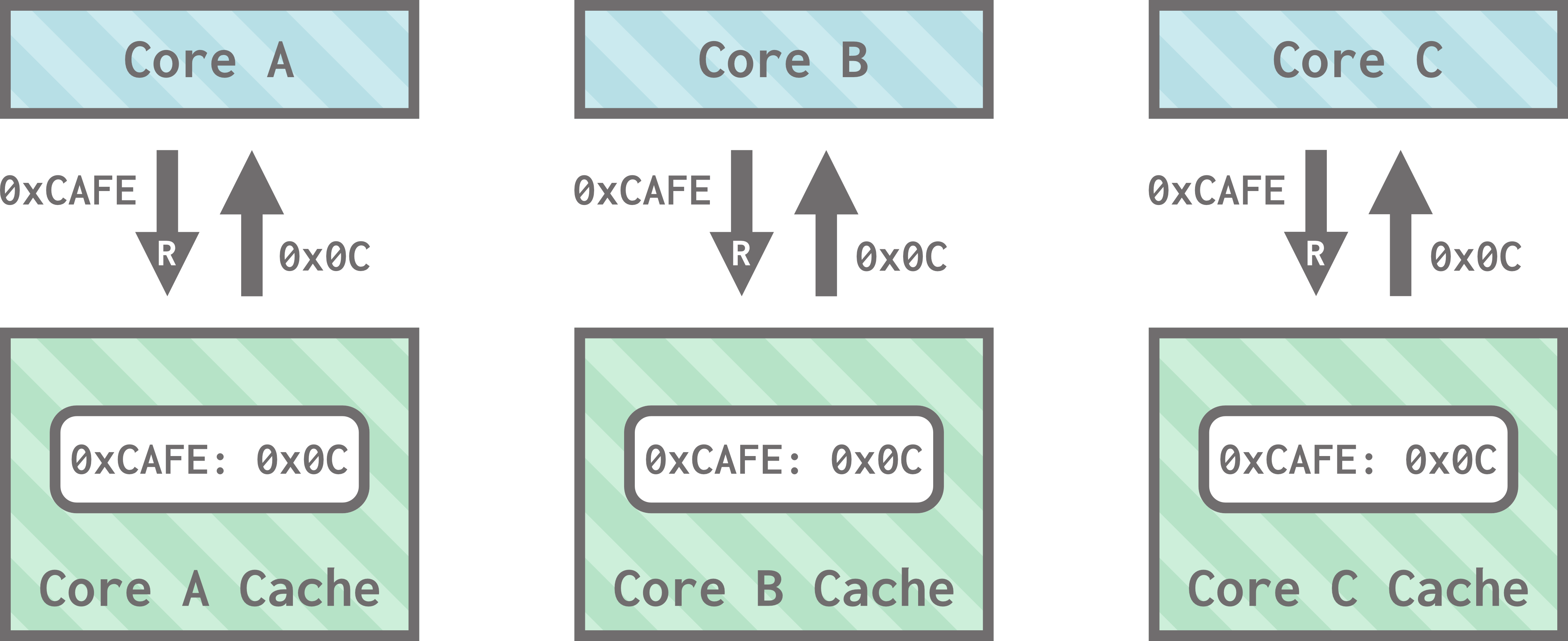Three cores: core A, core B, and core C, each have their own cache. All three caches store the data at address 0xCAFE as 0x0C. All three cores make read requests to their caches, and all three cores receive 0x0C.