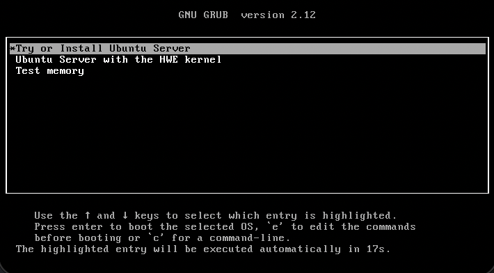 A screenshot of the QEMU window showing GNU GRUB. The three options are "Try or Install Ubuntu Server", "Ubuntu Server with the HWE kernel", and "Test memory".